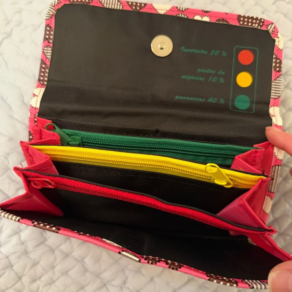 Pink Heart Print Trifold Wallet with Color Coded Interior Organizer Pockets